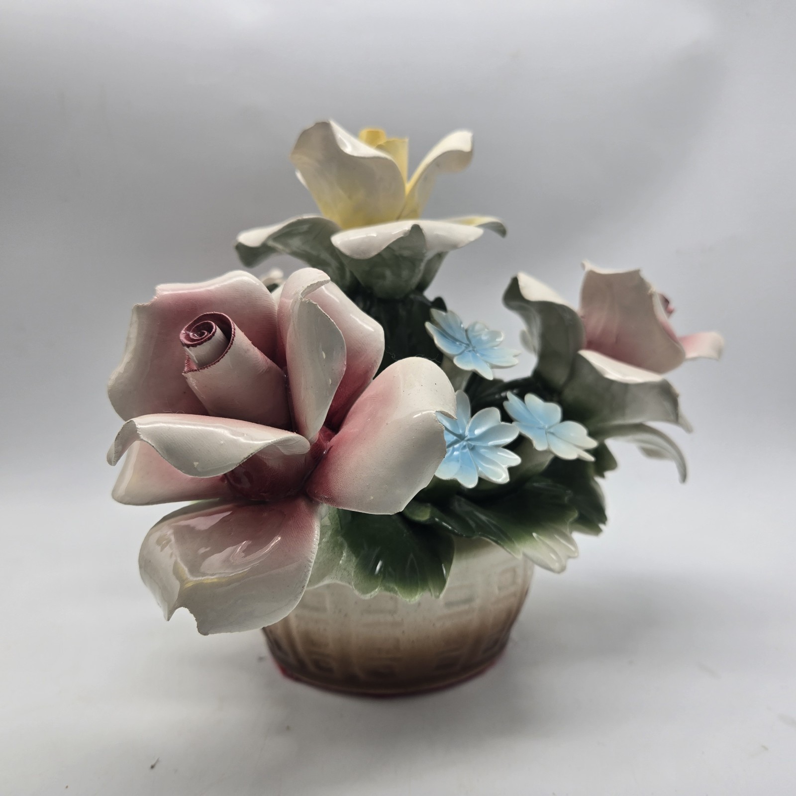 Capodimonte Italy Pink Yellow Roses Blue Ceramic Flowers Nuova Centerpiece Vtg