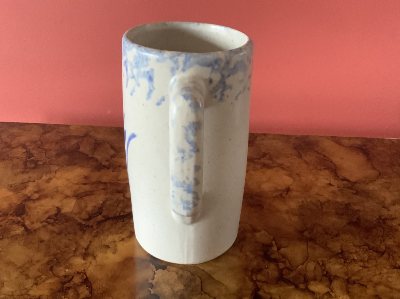 Roseville Handmade Pottery Tall Mug Cream And Blue 5 1/2 Inches