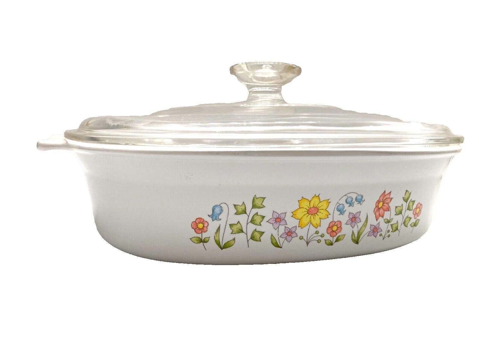 Corning Ware Meadow DC-1 1/2-B W/ Lid Oval Spring Time Flowers 12 x 9″ Vintage