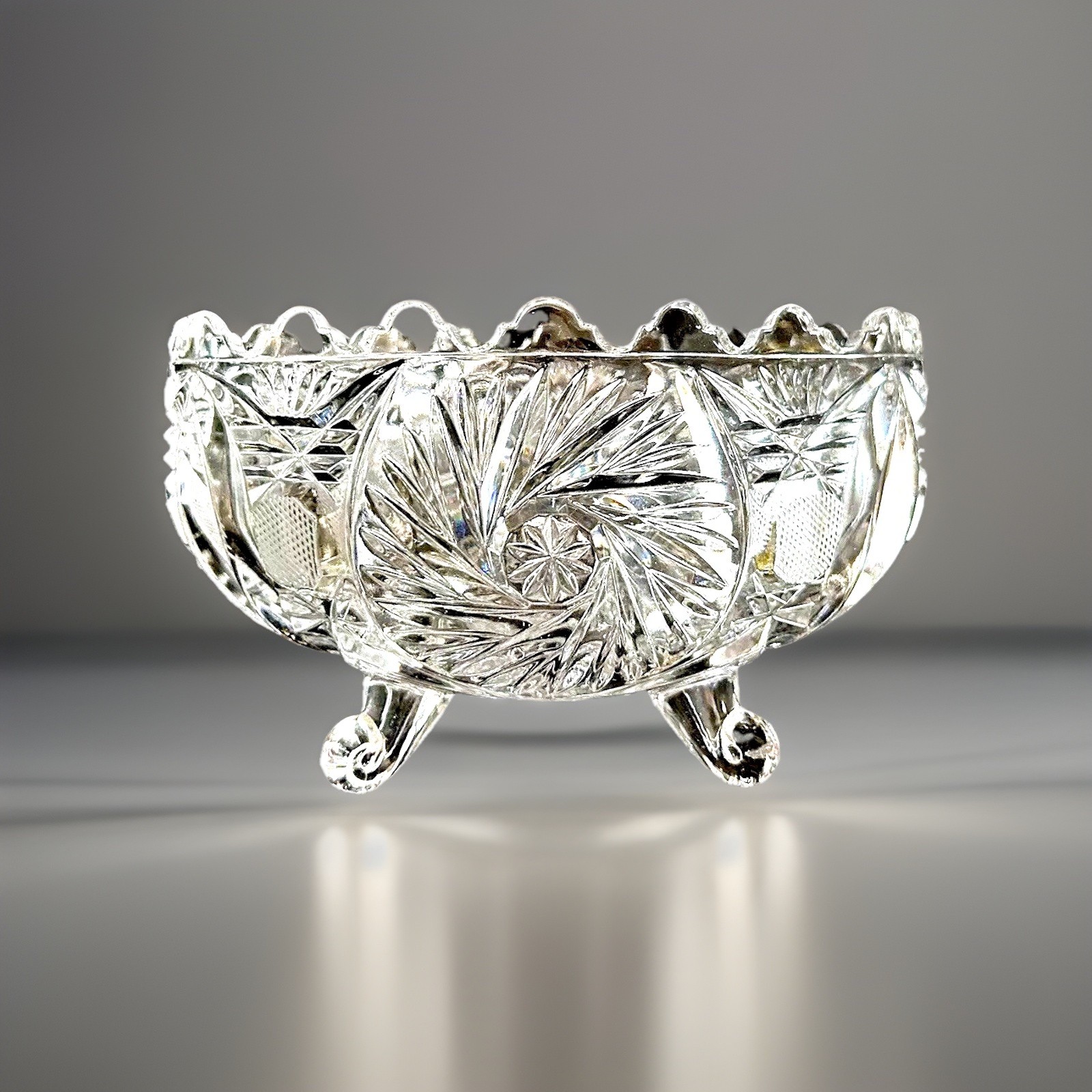 Crystal Glass Footed Bowl 7”L x 5”W X 4”H Vintage