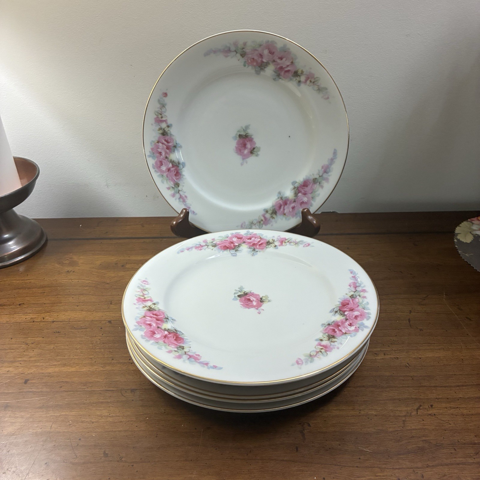 6 Vintage Fine China Corona Salad Plates Pink Roses Made In Occupied Japan