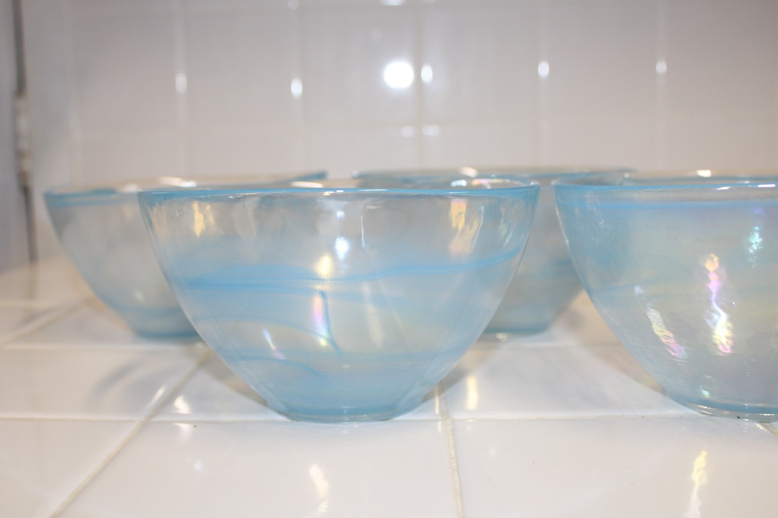 Set of 4 Iridescent Aqua Blue Swirl Art Glass Soup/Cereal/Salad/Dessert Bowls
