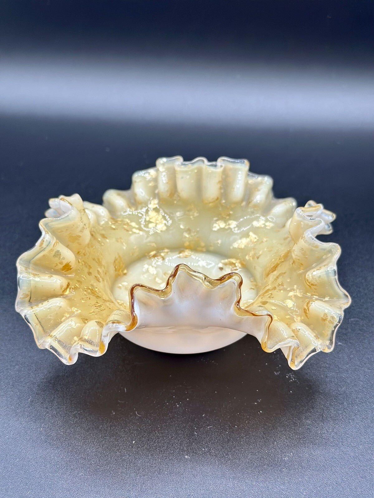 Vintage Ruffled Milk Glass Cased Dish Gold Fleck Opaline Mid Century Vanity Bowl