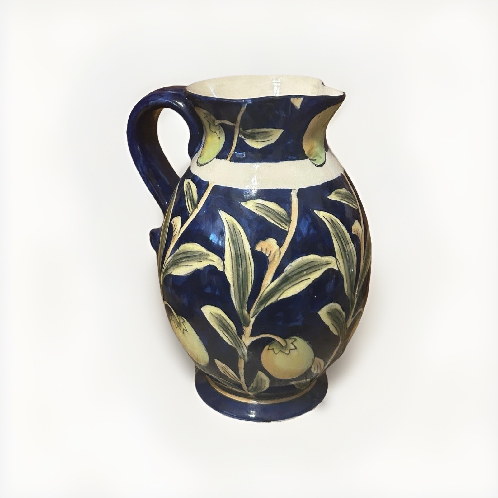 Dept. 52 – Handpainted Cobalt Blue Ceramic Pitcher, Yellow Fruit