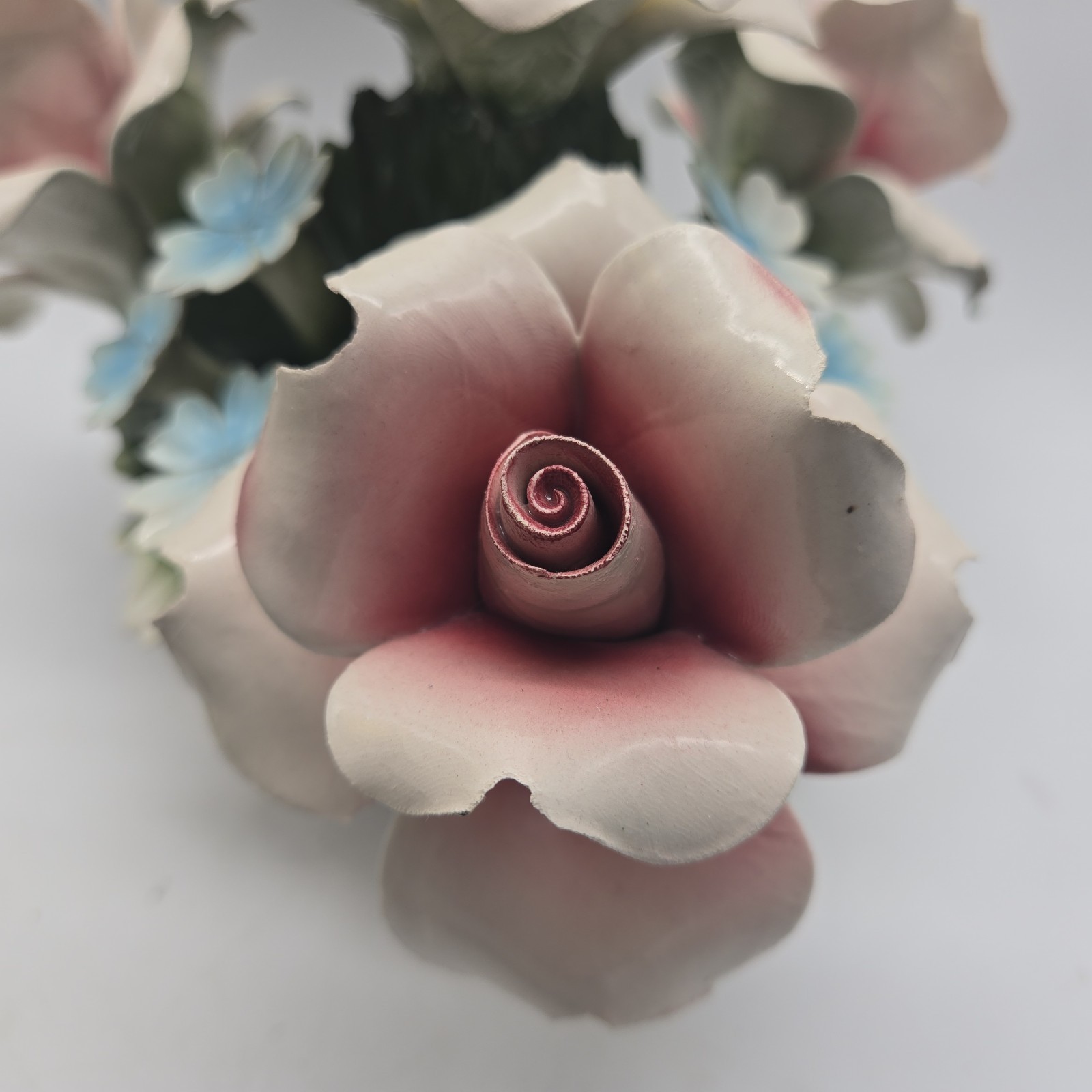 Capodimonte Italy Pink Yellow Roses Blue Ceramic Flowers Nuova Centerpiece Vtg