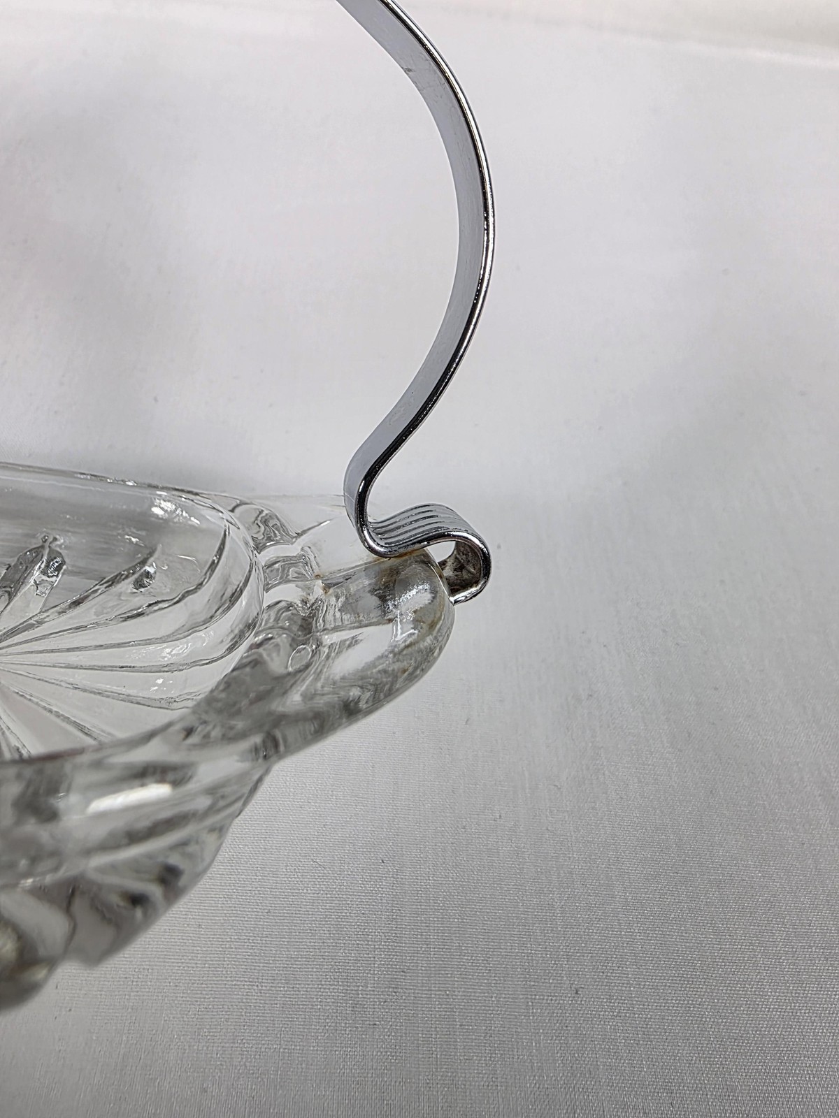 Vintage Glass Relish Tray Chrome Handle Starburst Cut Pattern Candy Dish Server