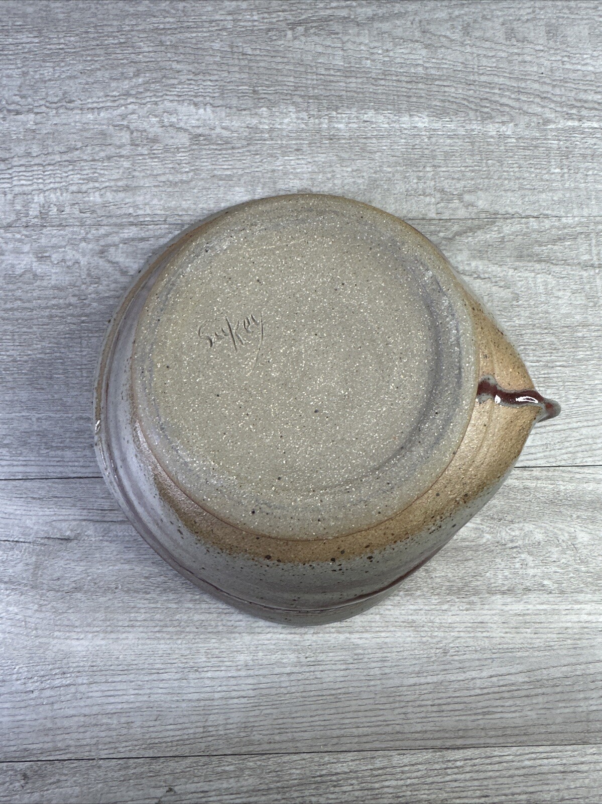 Studio Made Pottery Bowl Pinched Side Red Gray Abstract Design Signed