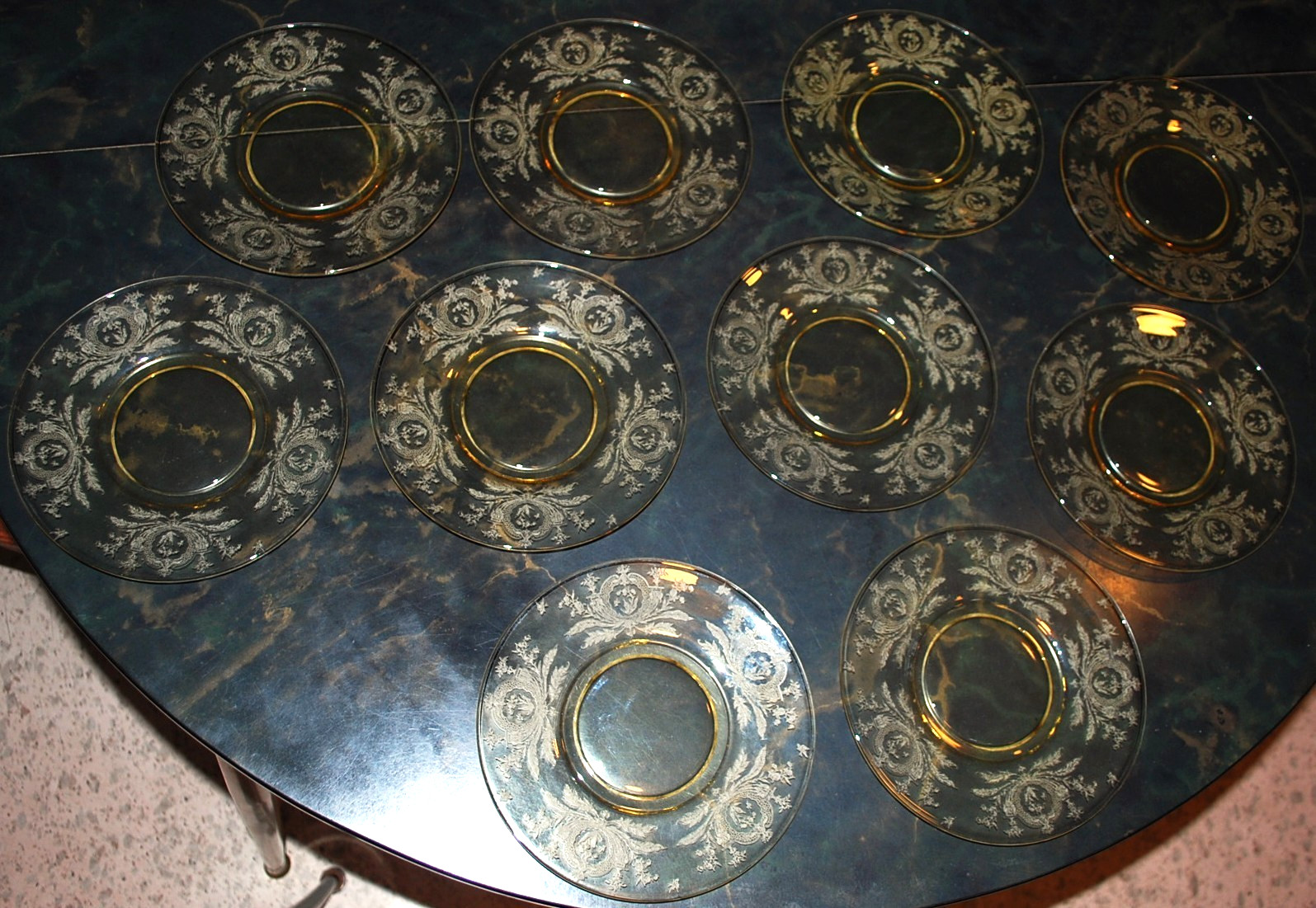 Vtg Set 10 LA FLEURE YELLOW 7.25″ Glass Lunch Plates Deco 1920 TIFFIN FRANCISCAN