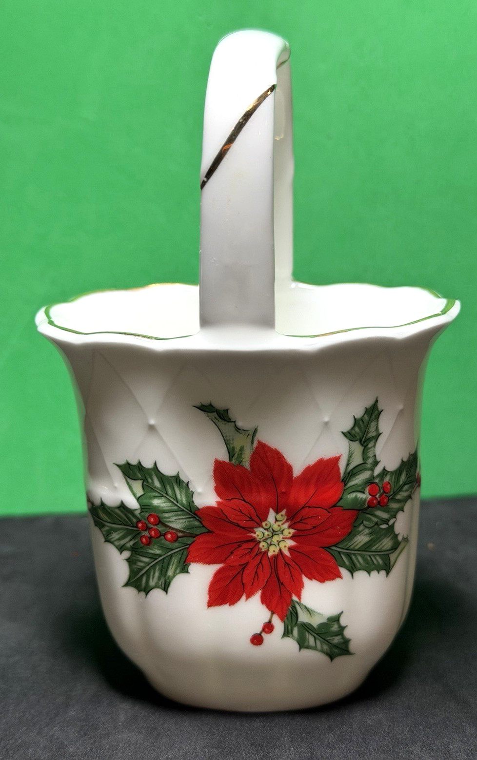 3 Vtg LEFTON Holly & Poinsettia Mini Pitcher Creamer and Basket Christmas Flower