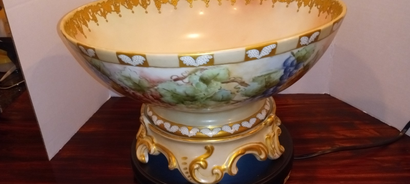 Stunning Antique T&V Limoges Hand-Panted Porcelain Punch Bowl With Matching Base