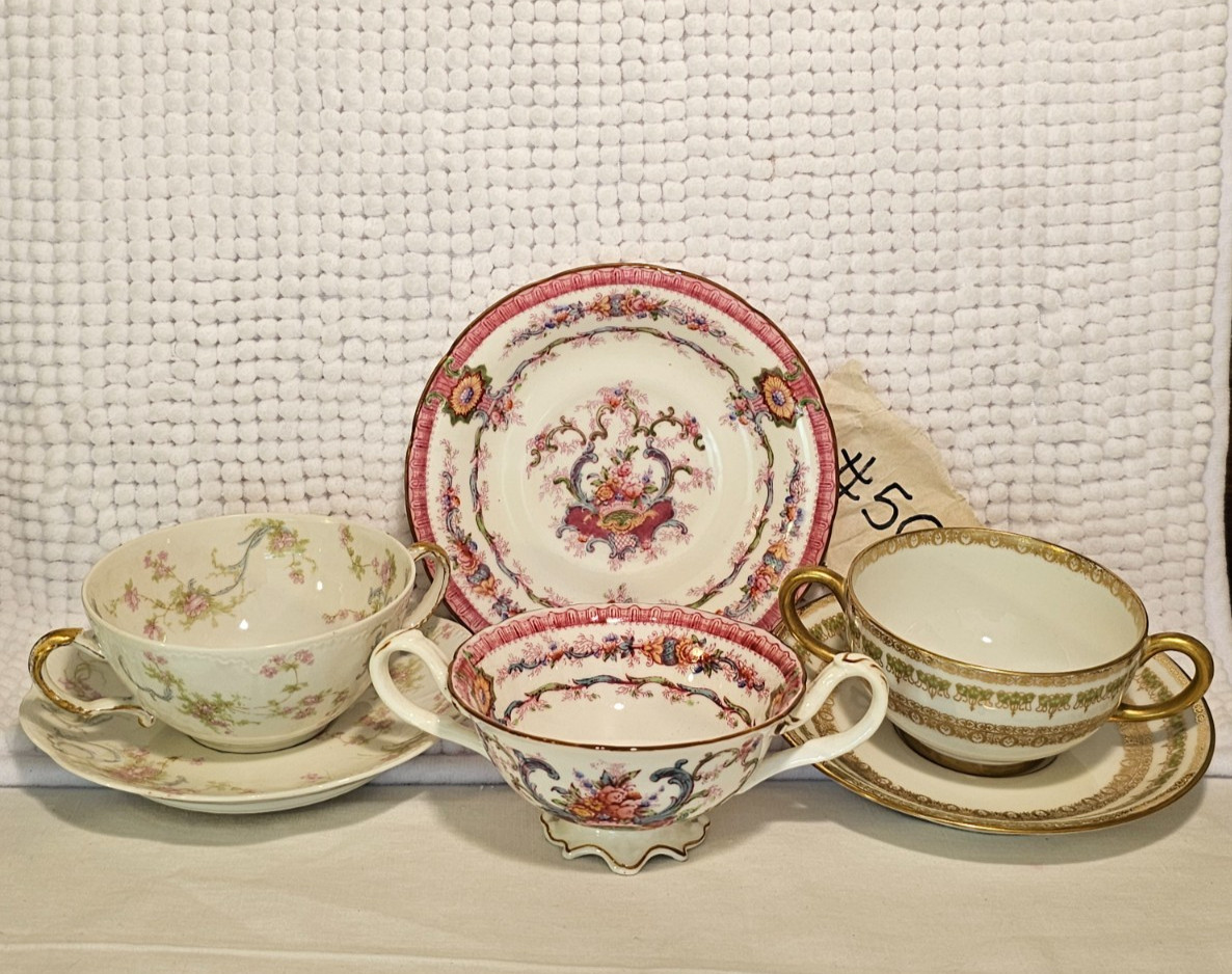 Bouillon cups w/ saucers, set of three, vintage china, Haviland, Cauldon, Pouyat