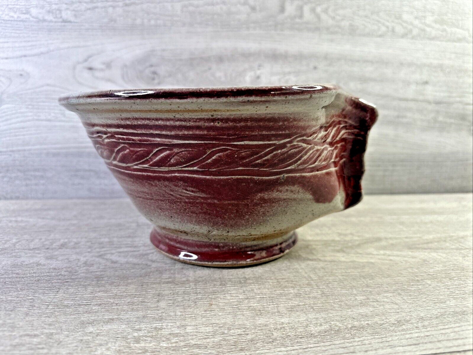 Studio Made Pottery Bowl Pinched Side Red Gray Abstract Design Signed