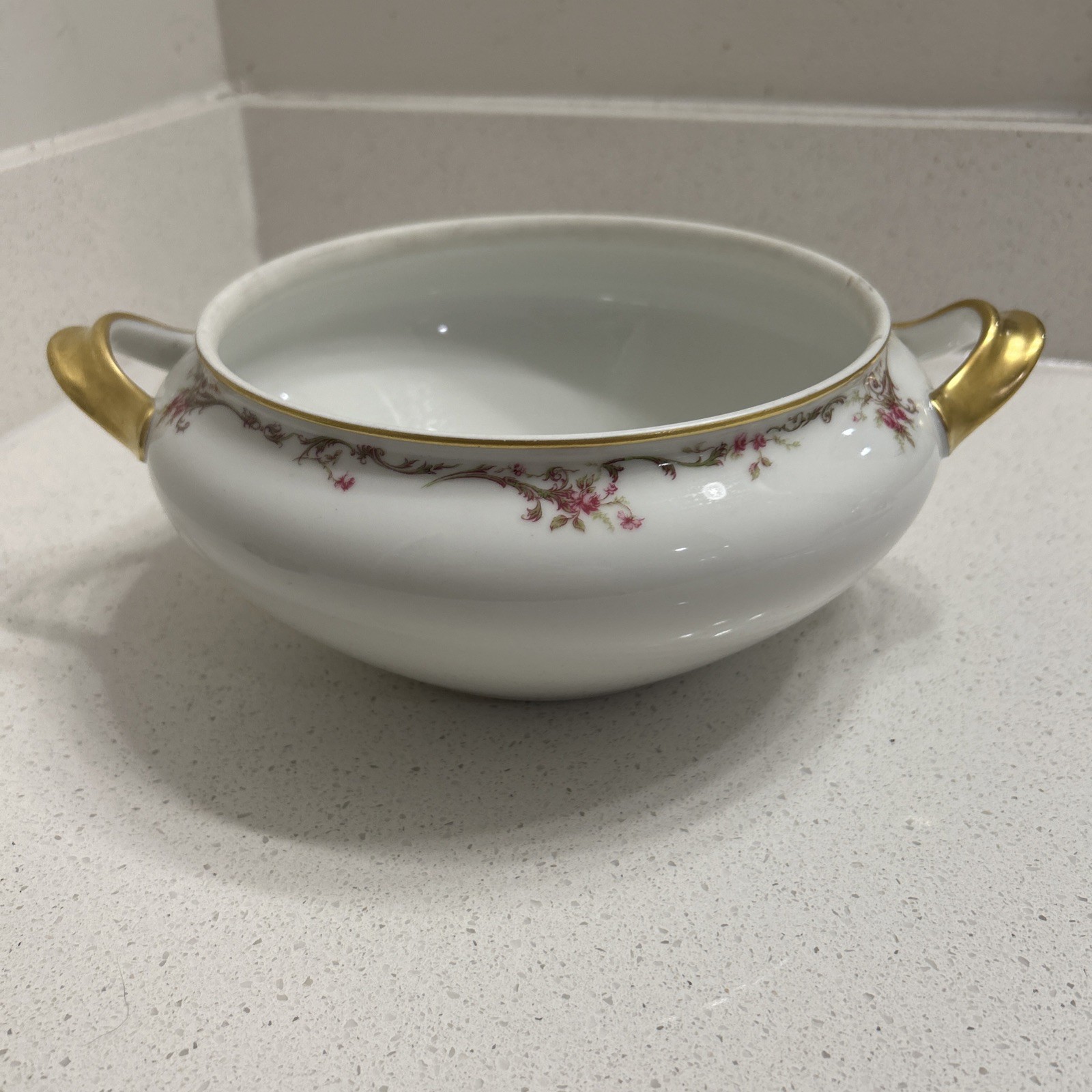 Haviland Limoges France Handled Casserole Dish Pink Rose Garland & Gold Trim