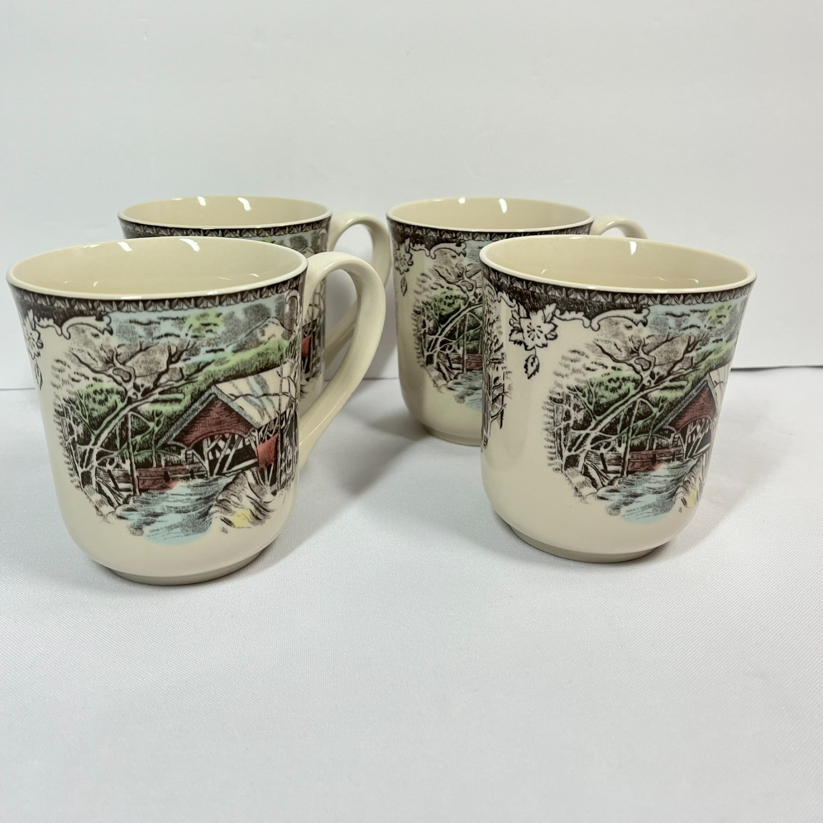 Set of 4 Johnson Brothers Friendly Village Covered Bridge 12 oz. Coffee Mugs