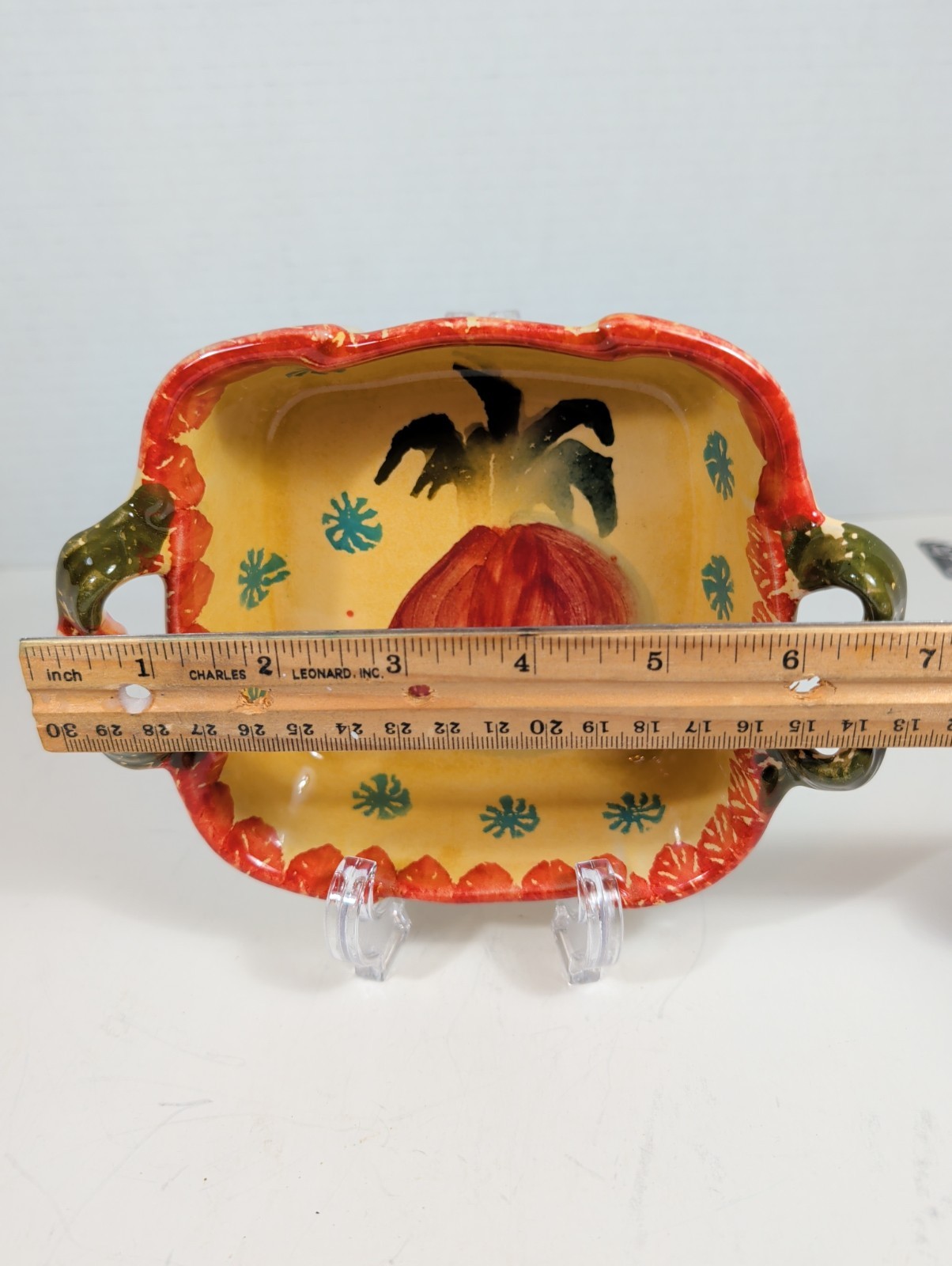 Italian Hand-Painted Vegetable Motif Two-Handled Ceramic Bowl Appx 5 In+7in Oven