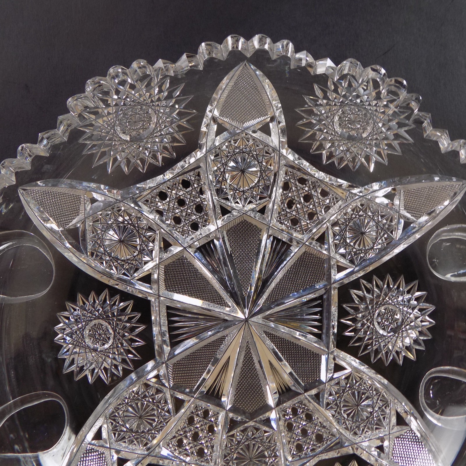 Antique American Brilliant Cut Glass Handled Low Bowl VGC 11″ Across
