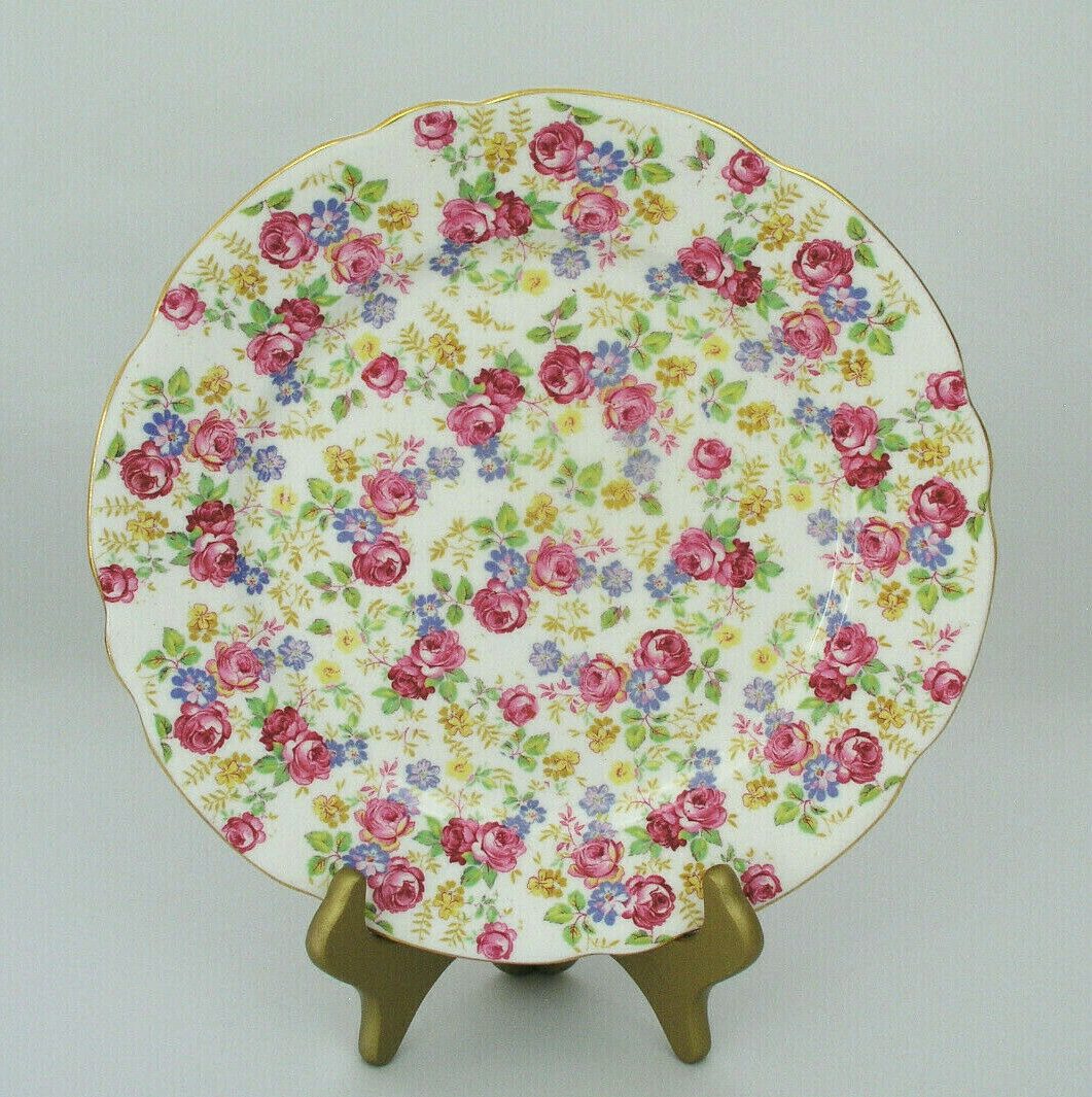 (4) ROYAL STAFFORD JUNE ROSES (CHINTZ) 9 3/4″ DINNER PLATES – ENGLAND BONE CHINA