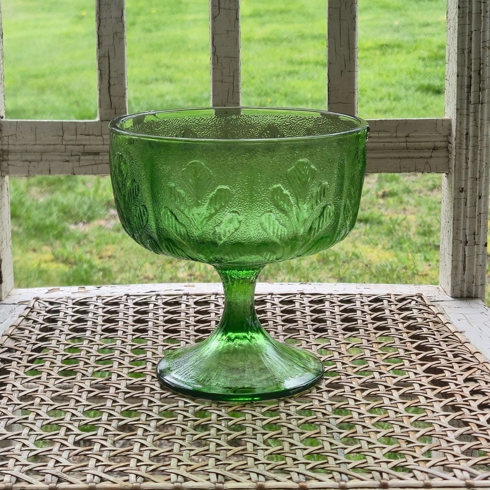 Vintage Green Pedestal Bowl Floral Pressed Glass Compote Dessert Dish FTD 1978