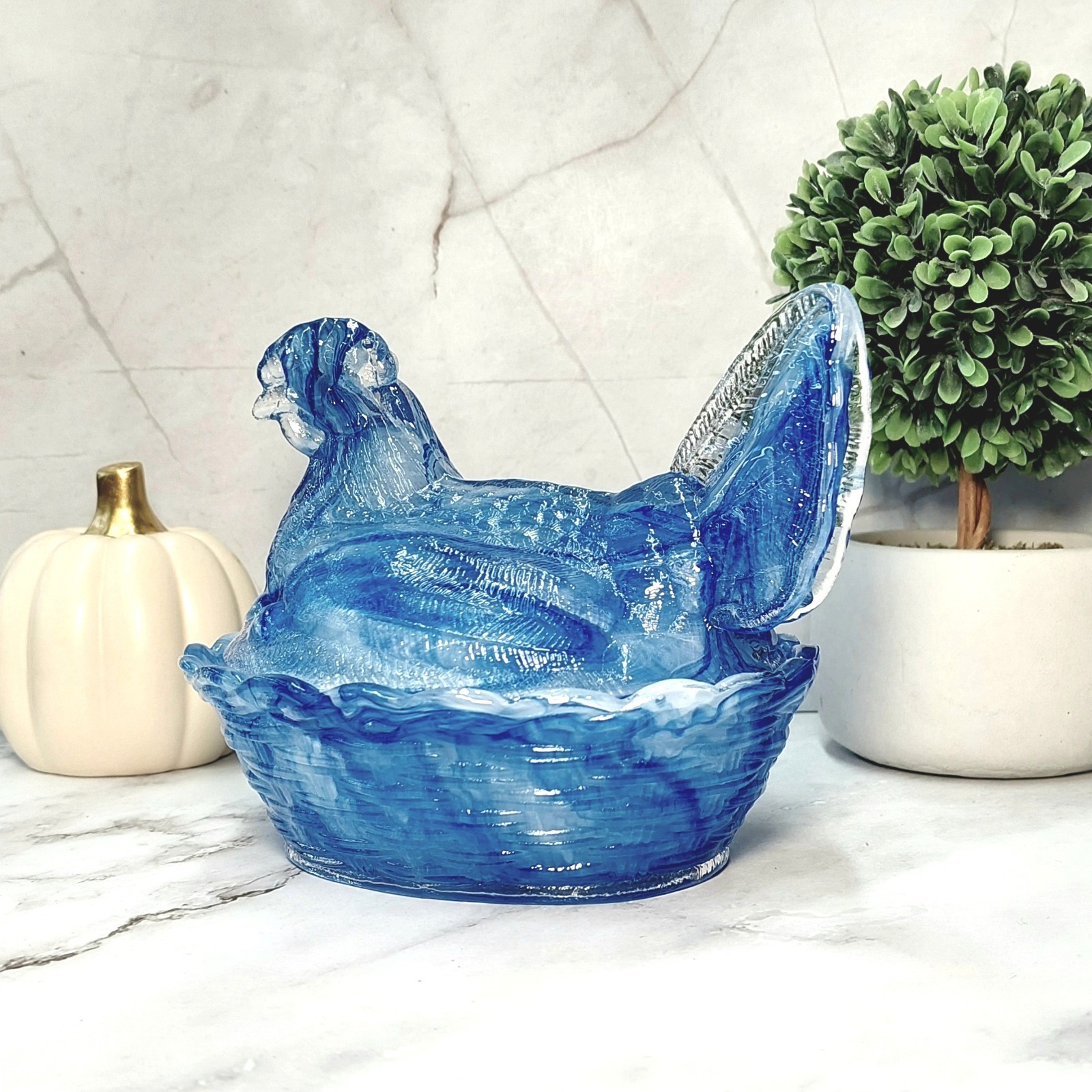 Hen on Nest Chicken Blue Cream Swirl Glass Depression Style Candy Dish, Vintage