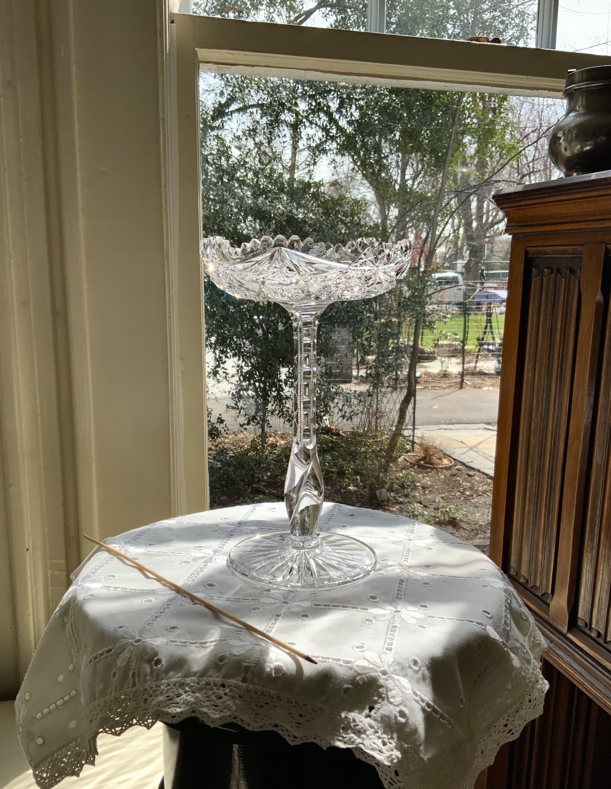 AMERICAN BRILLIANT CUT GLASS 10″ TWIST STEM COMPOTE / ATTRIB: LIBBEY C.1900-1910