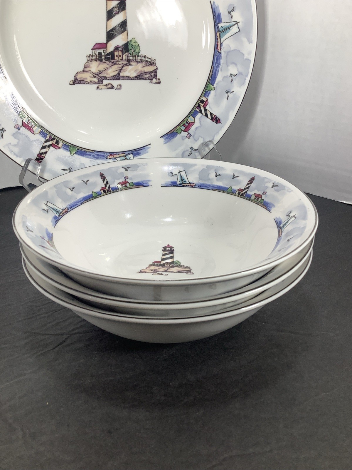 Mixed Set Of 8~Today’s Home Lighthouse Coastal Beach Nautical Plates & Bowls