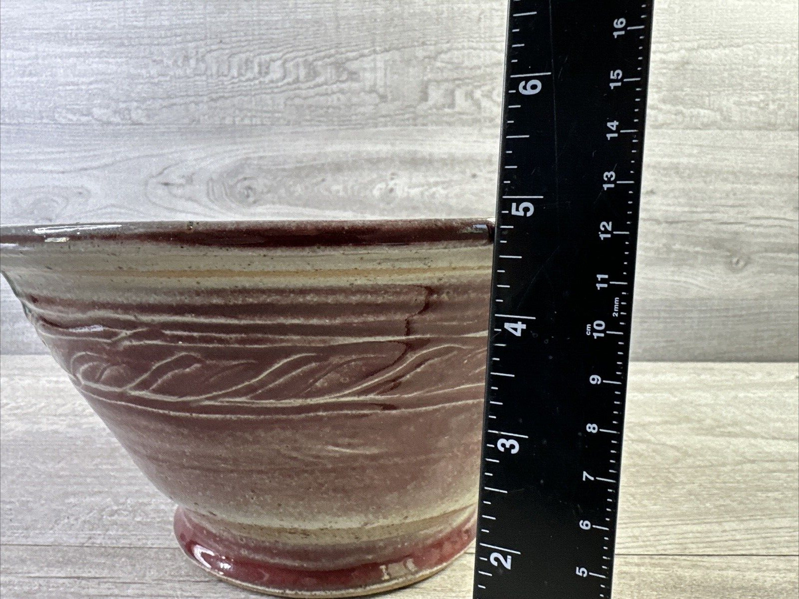Studio Made Pottery Bowl Pinched Side Red Gray Abstract Design Signed
