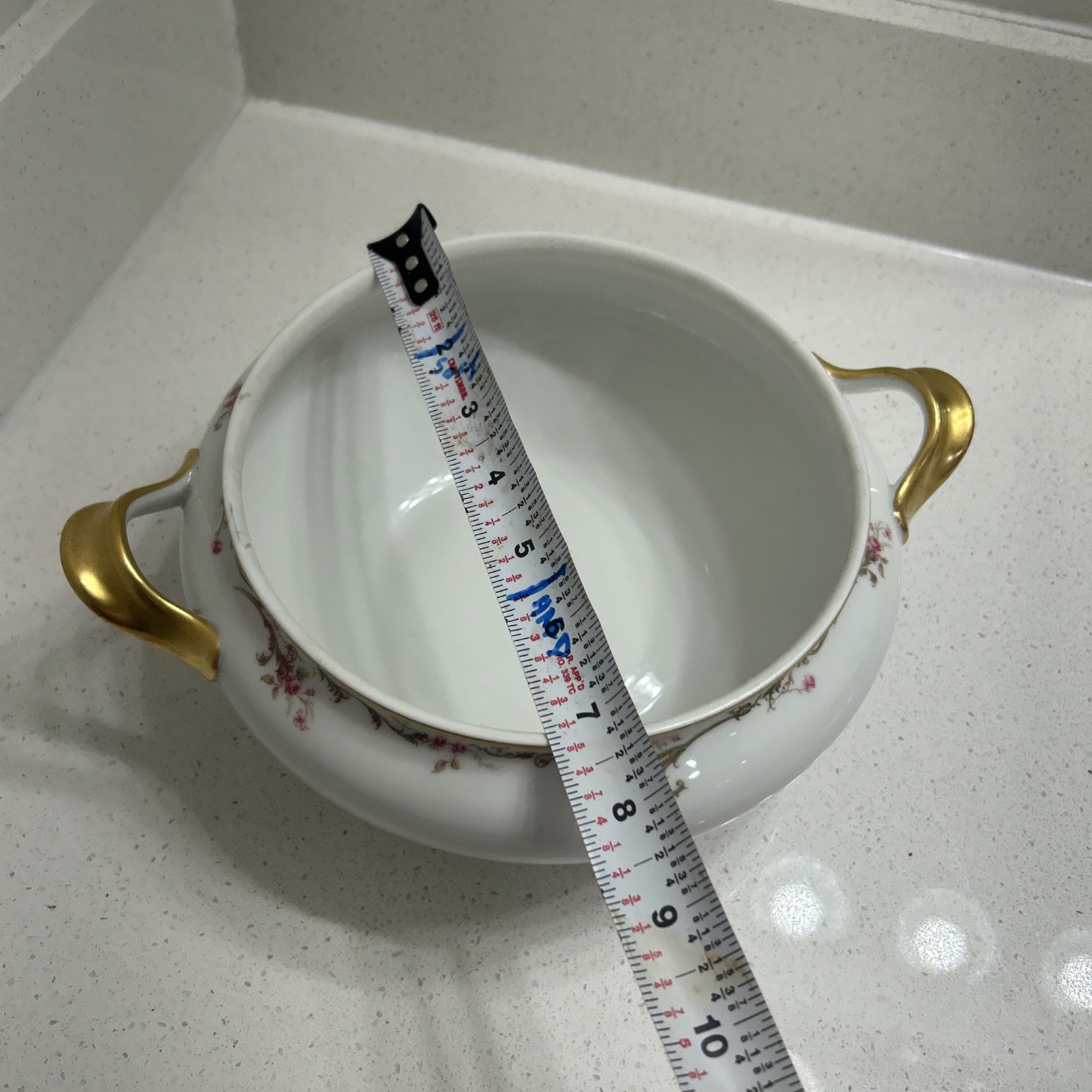 Haviland Limoges France Handled Casserole Dish Pink Rose Garland & Gold Trim