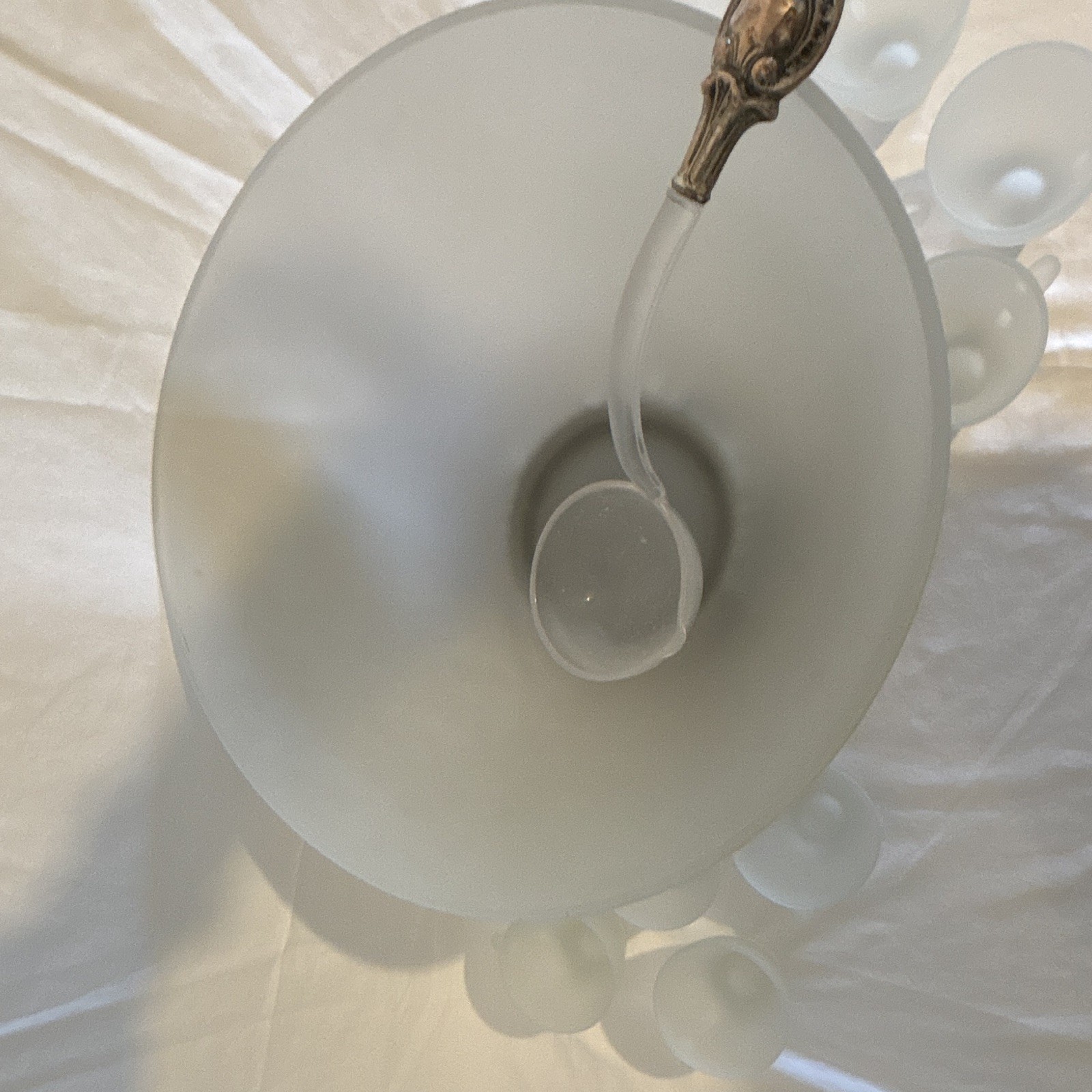 Unmarked Frosted White Glass Round Punch Bowl Set w/ Matching Cups & Ladle