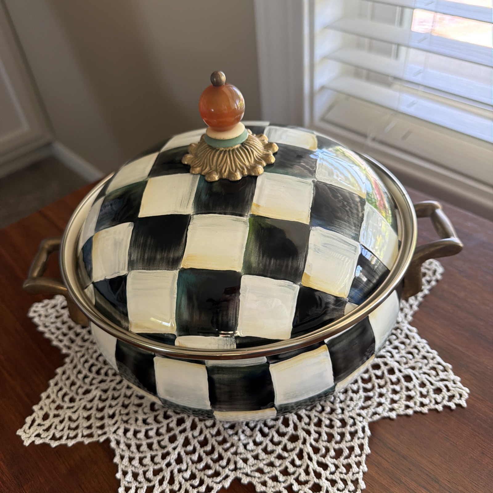 Mackenzie Childs Courtly Check Covered Casserole Handles 3 Quart Enamel Retired