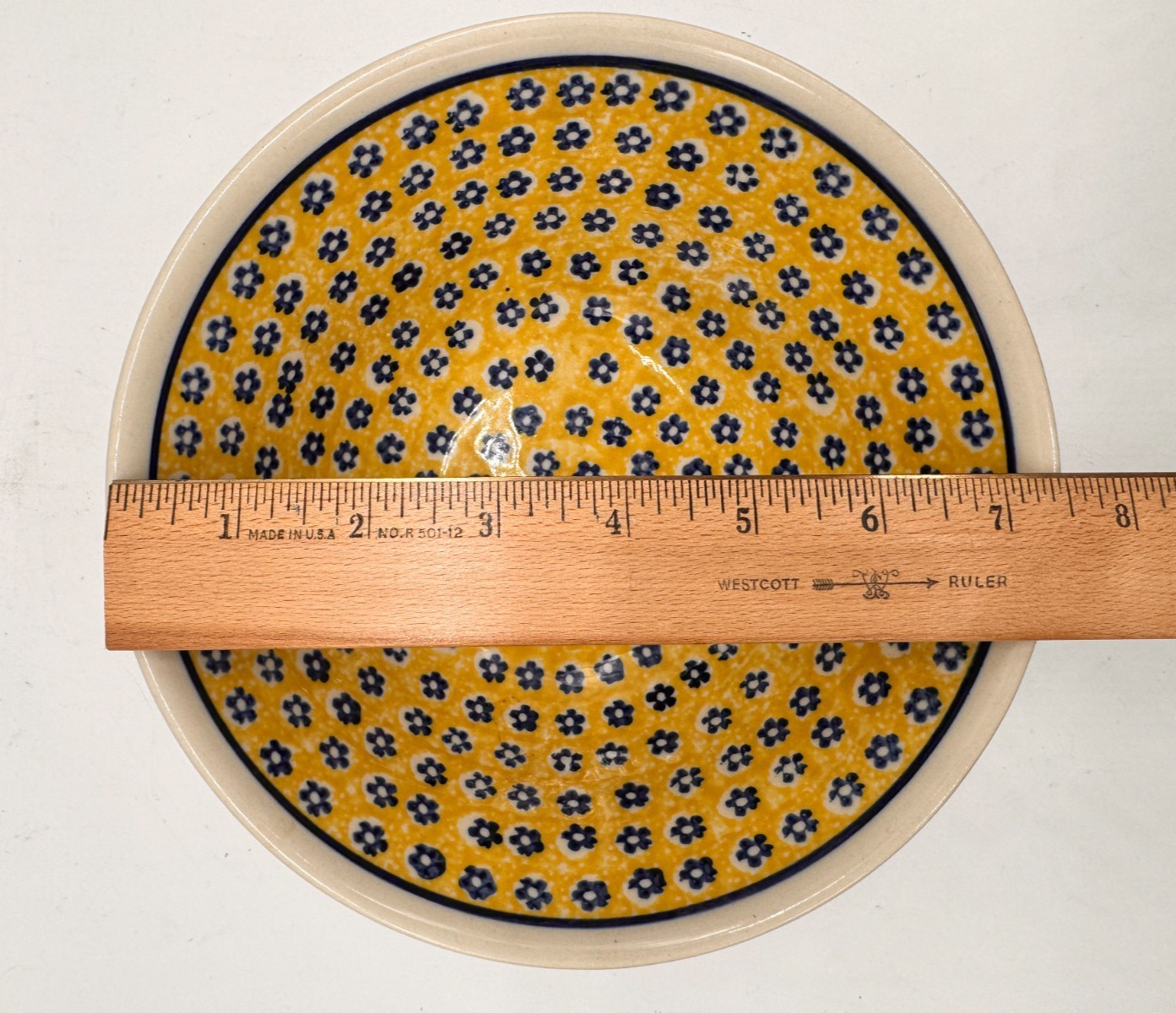 Boleslawiec Polish Pottery Bowl Yellow & Cobalt Blue Flower Pattern White Rim