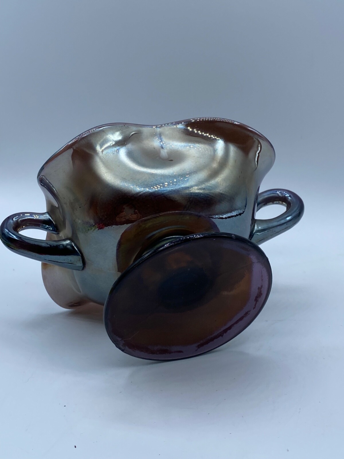 Vintage Amethyst Carnival Glass Two Handled Footed Bonbon Dish 4.5″