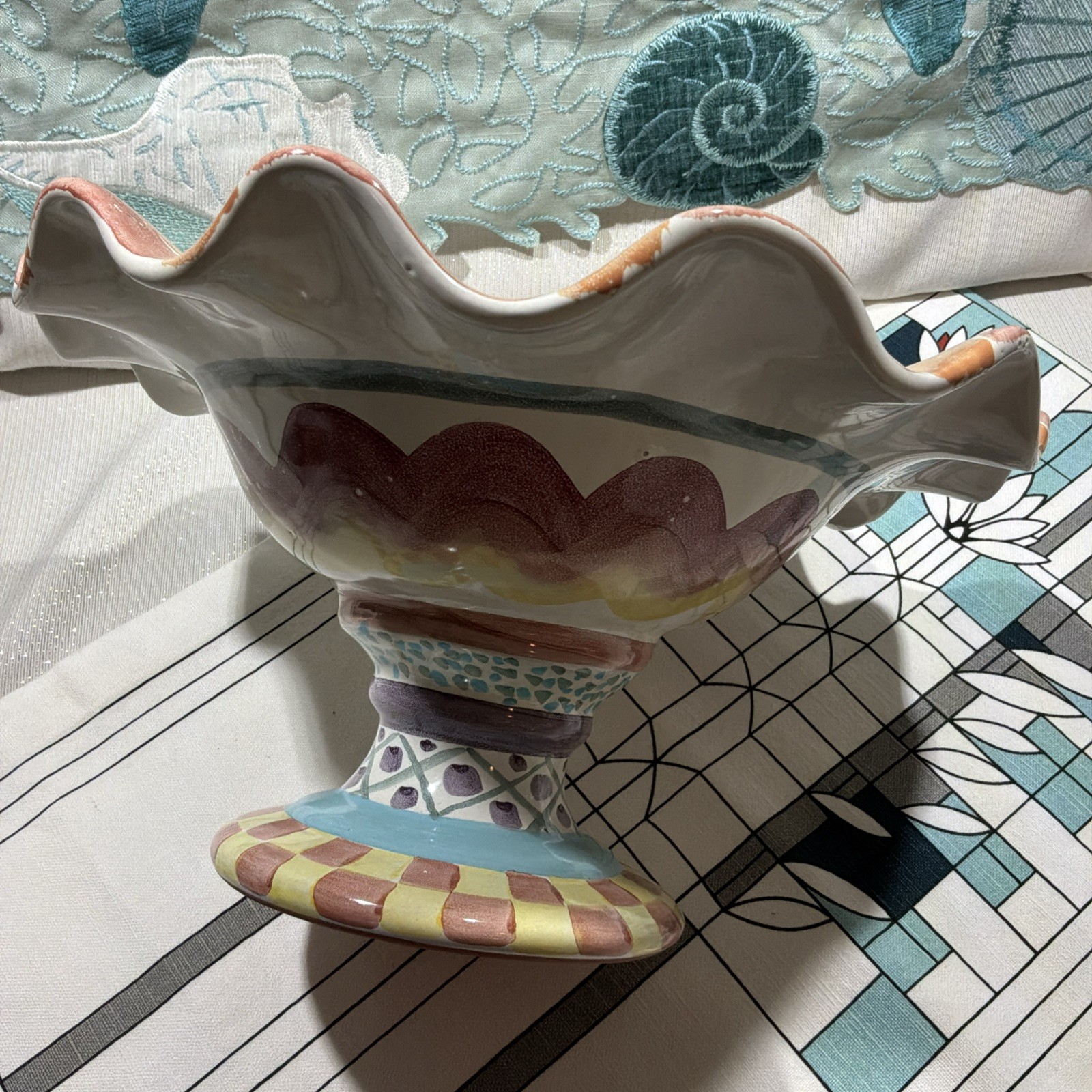 Mackenzie Childs Keukenbof Large Pedestal Fluted Compote Bowl 12” 1993
