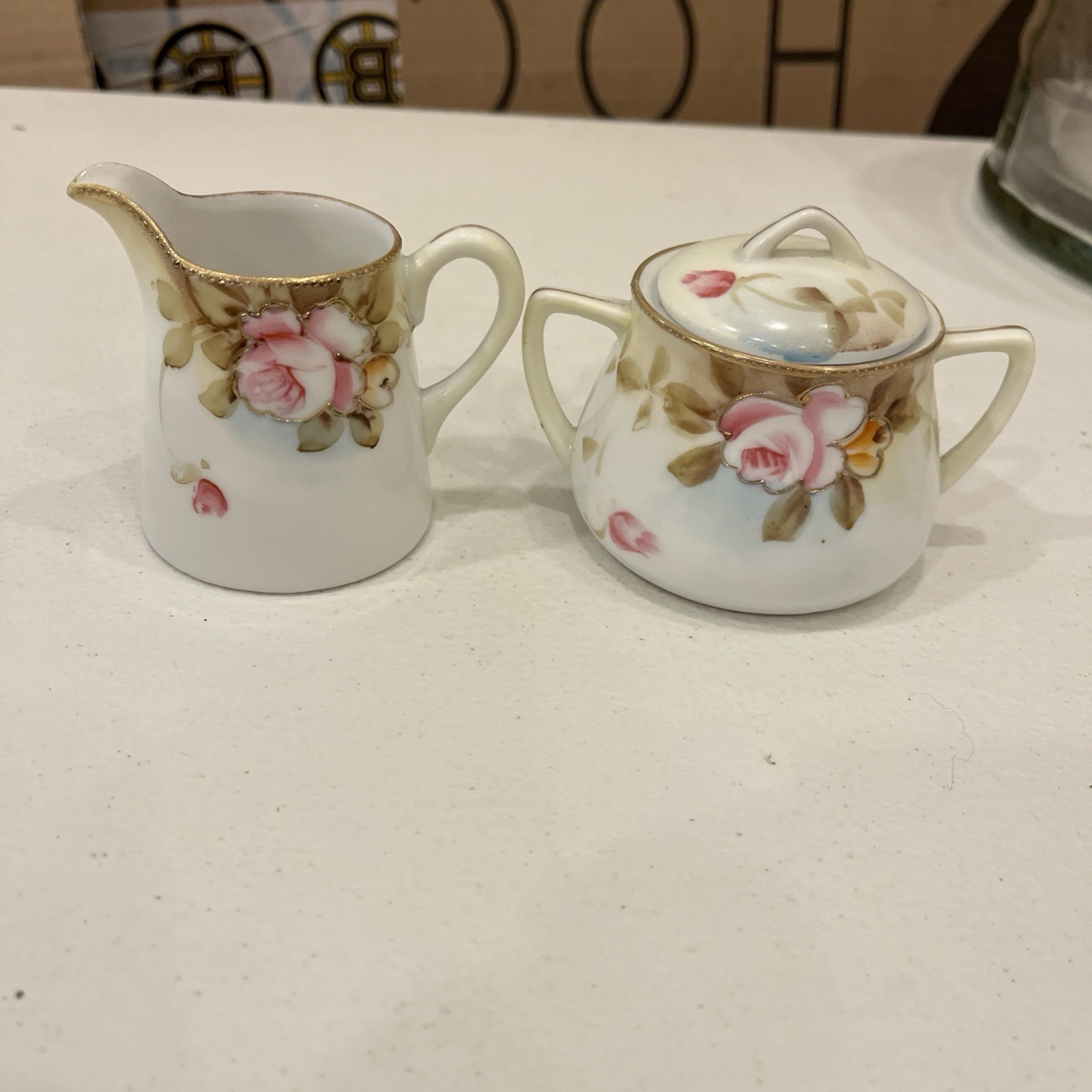 2 Piece Vintage Nippon Hand Painted Floral Creamer Pitcher And Sugar With Lid