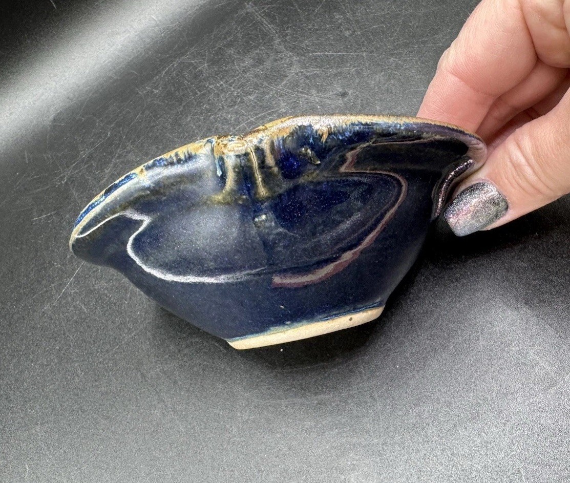 Pigeon River Pottery Heart Shaped Bowl Blue Beige Drip Glaze Signed Ceramic 5.5”