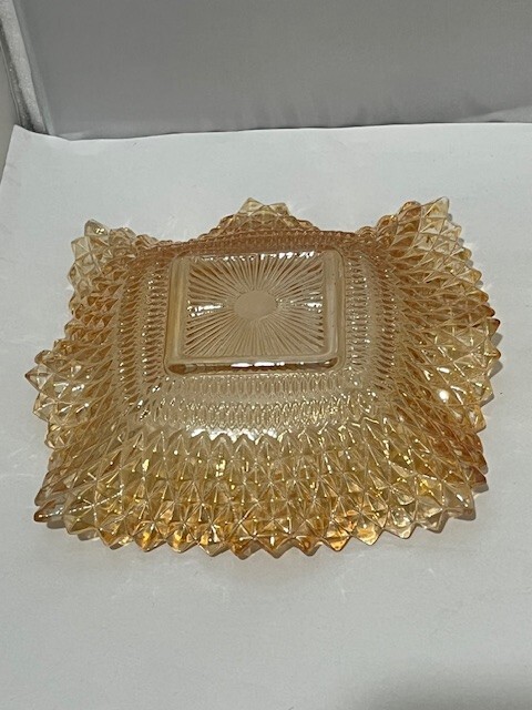 Vintage Yellow & Orange Diamond Point Sawtooth Square glass Candy Dish Bowl set