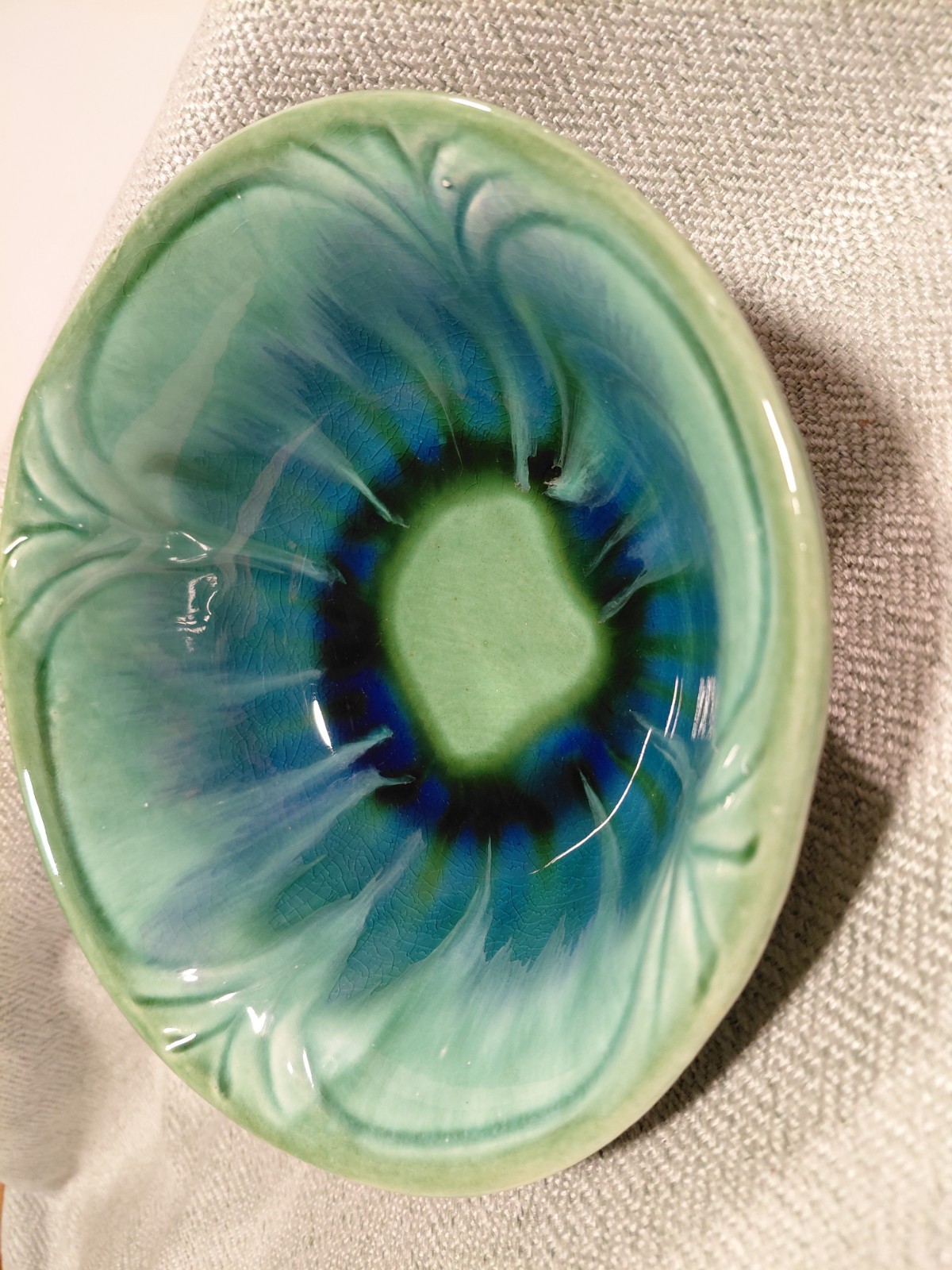 California Pottery 273 USA Green & Blue floral drip glaze bowl MCM