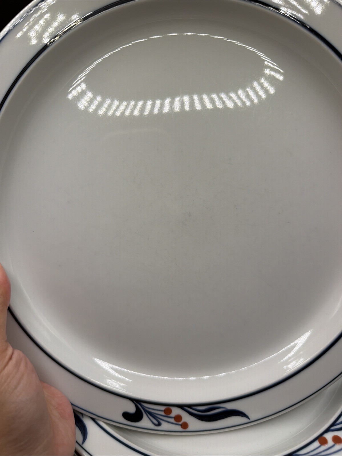 8 Dansk Bistro Maribo 10 3/8″ Dinner Plates Japan DANMAR Red Berries on Rim Blue
