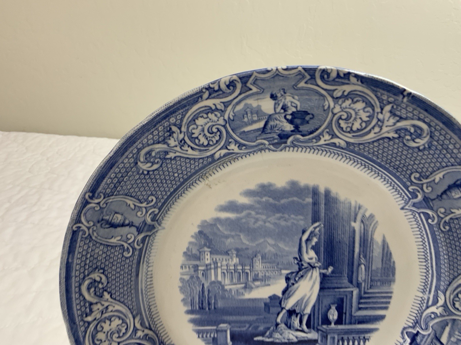 Antique Blue Transferware Dinner Plate, UK,, Grecian Lady & Castle, Davenport