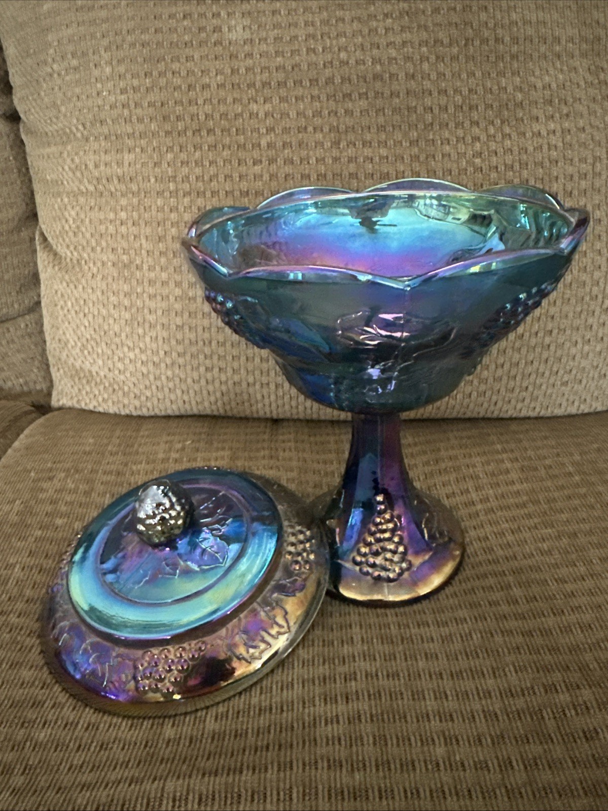 Vintage Iridescent Blue Carnival Glass Pedestal Bowl with Lid 11” Ht