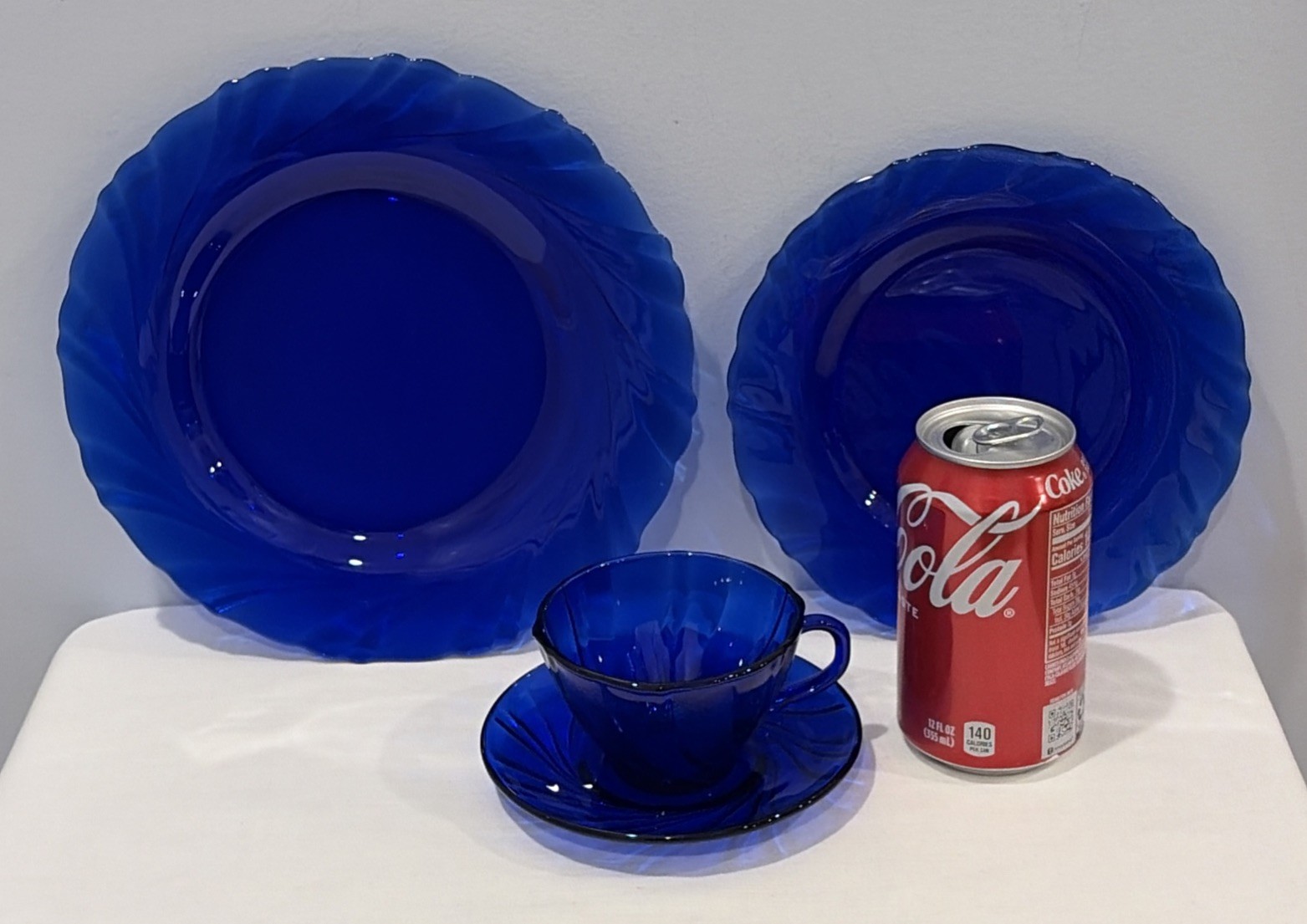 Vintage 4 Piece Place Setting Rivage Cobalt Blue by Duralex Swirl Design France