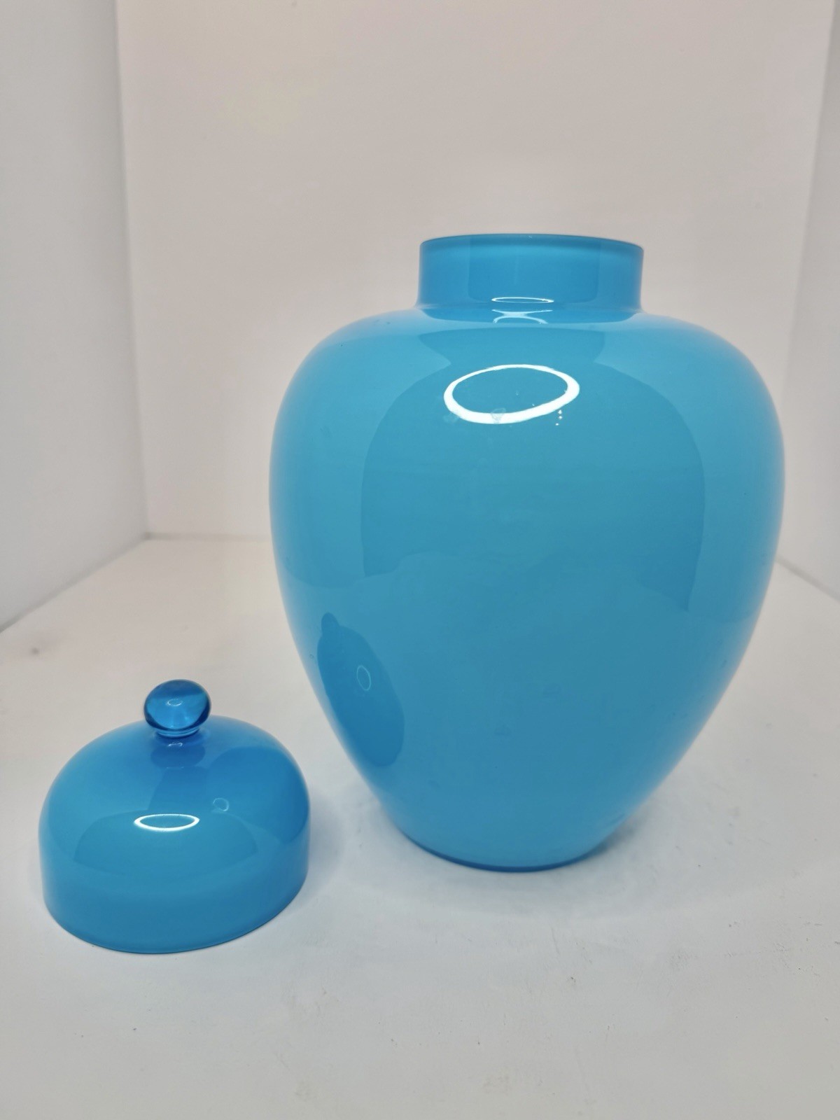 Vintage MCM Scandinavian Blue Cased Glass Ginger Jar 9.5” W/lid Pop Art