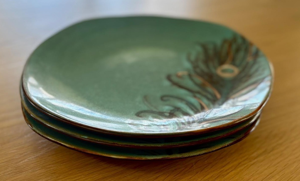 Pier 1 Imports Peacock Feather Stoneware 11” Dinner Plates Turquoise Set of 3