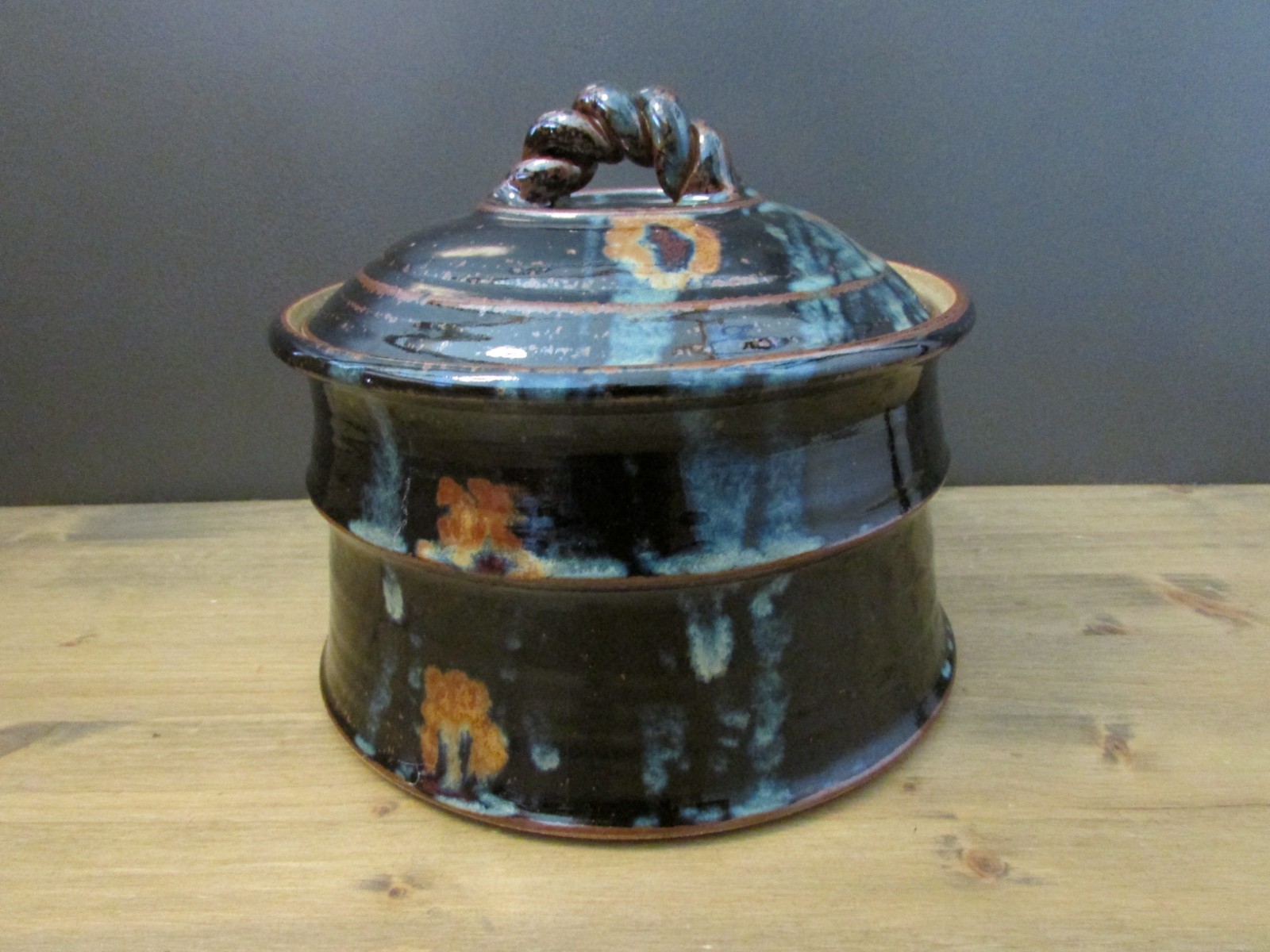 Handmade Studio Pottery Covered Serving Dish Black/Blue/Brown Glaze Stoneware