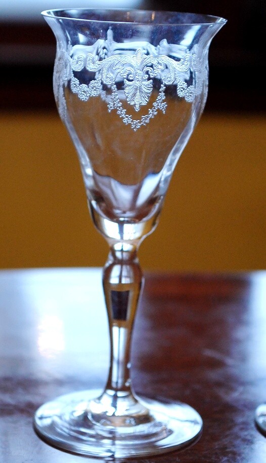 Antique BRYCE Set 3 Cocktail Glasses 5″ NEEDLE ETCHED OPTIC GLASS Garlands c1900