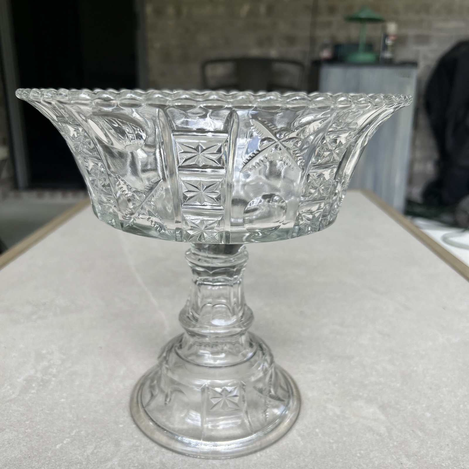 Antique Crystal Glass Co. X Bull’s Eye EAPG High Stand Centerpiece Compote Glows