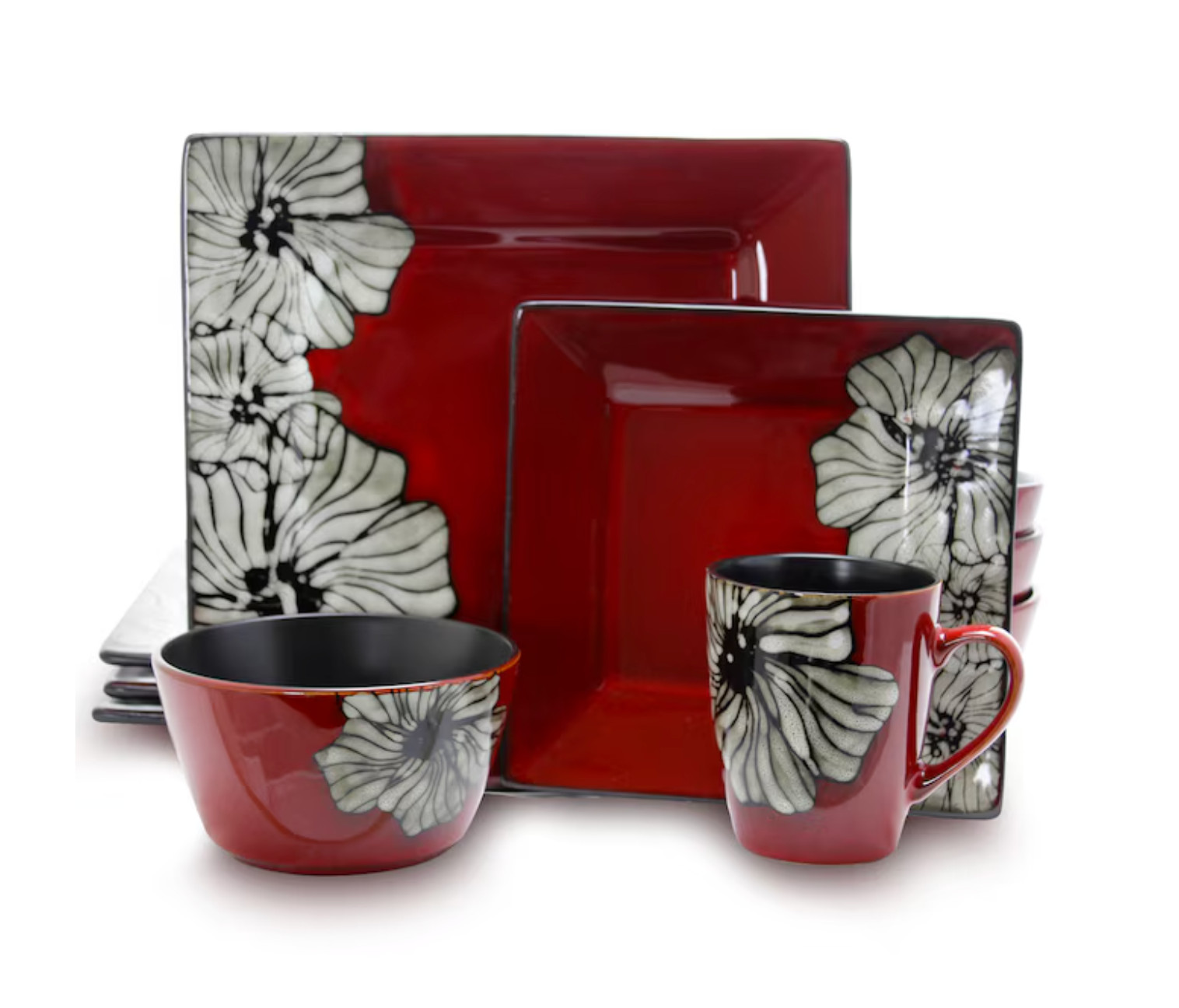 ELAMA WINTER BLOOM RED SQUARE DINNERWARE STONEWARE 16 PCS SET FOR 4 NEW NIB