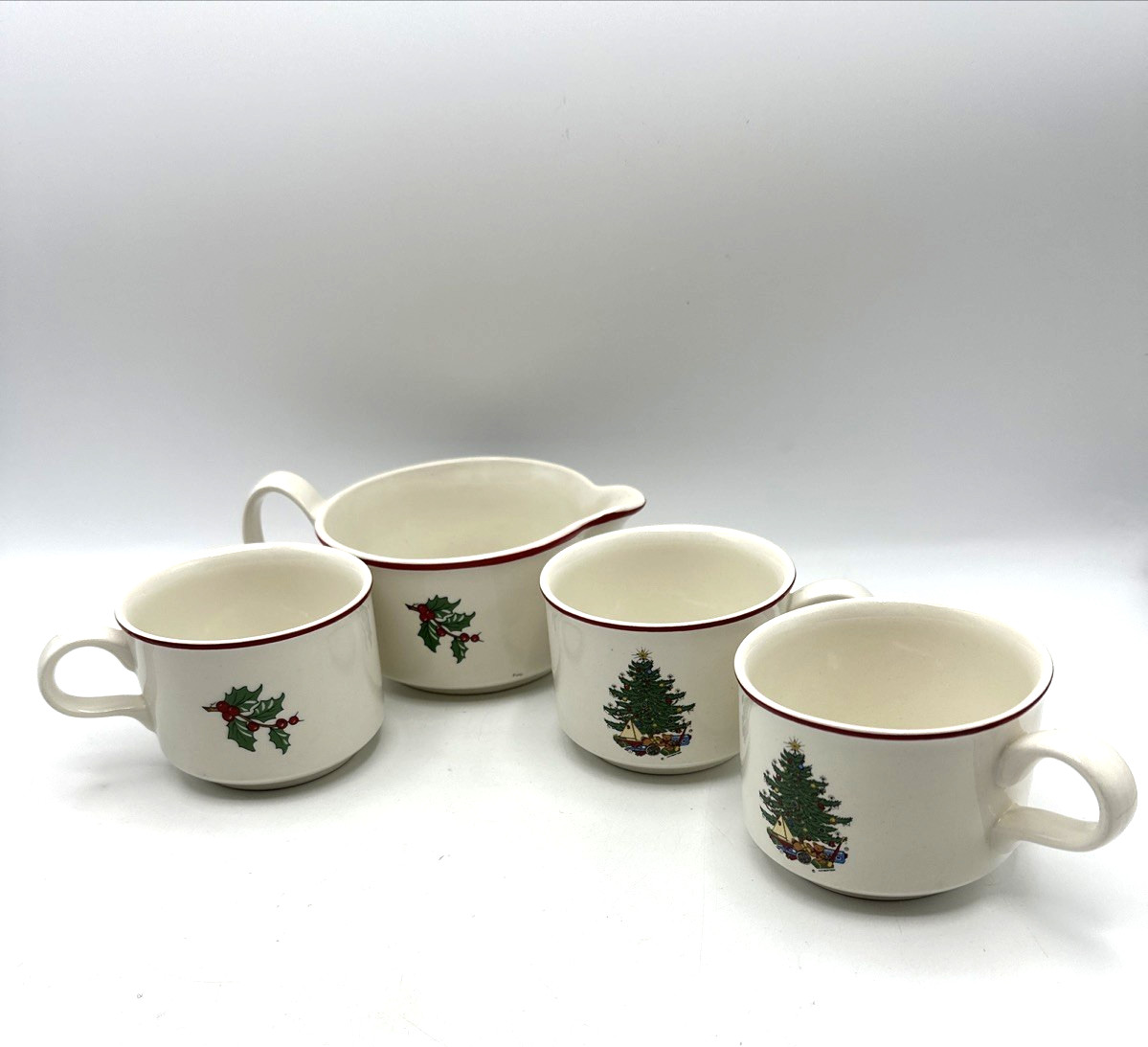4 Piece Cuthbertson Christmas Tree Holly Berry Cups and Pitcher Set Vintage