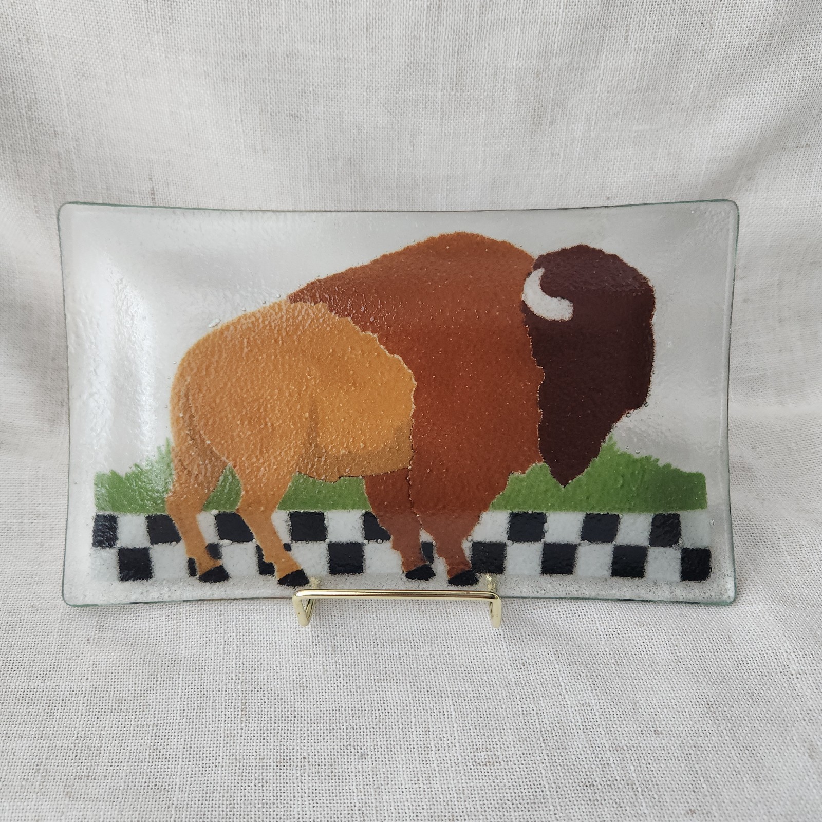 Signed Peggy Karr Fused Art Glass Buffalo Bison Rectangular Plate Tray Western