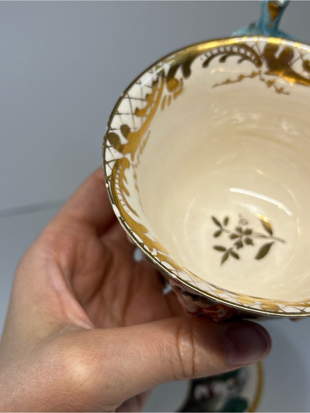 Vintage Capodimonte Italy Demitasse Teacup & Saucer MAS Cherub Dragon Handle MCM