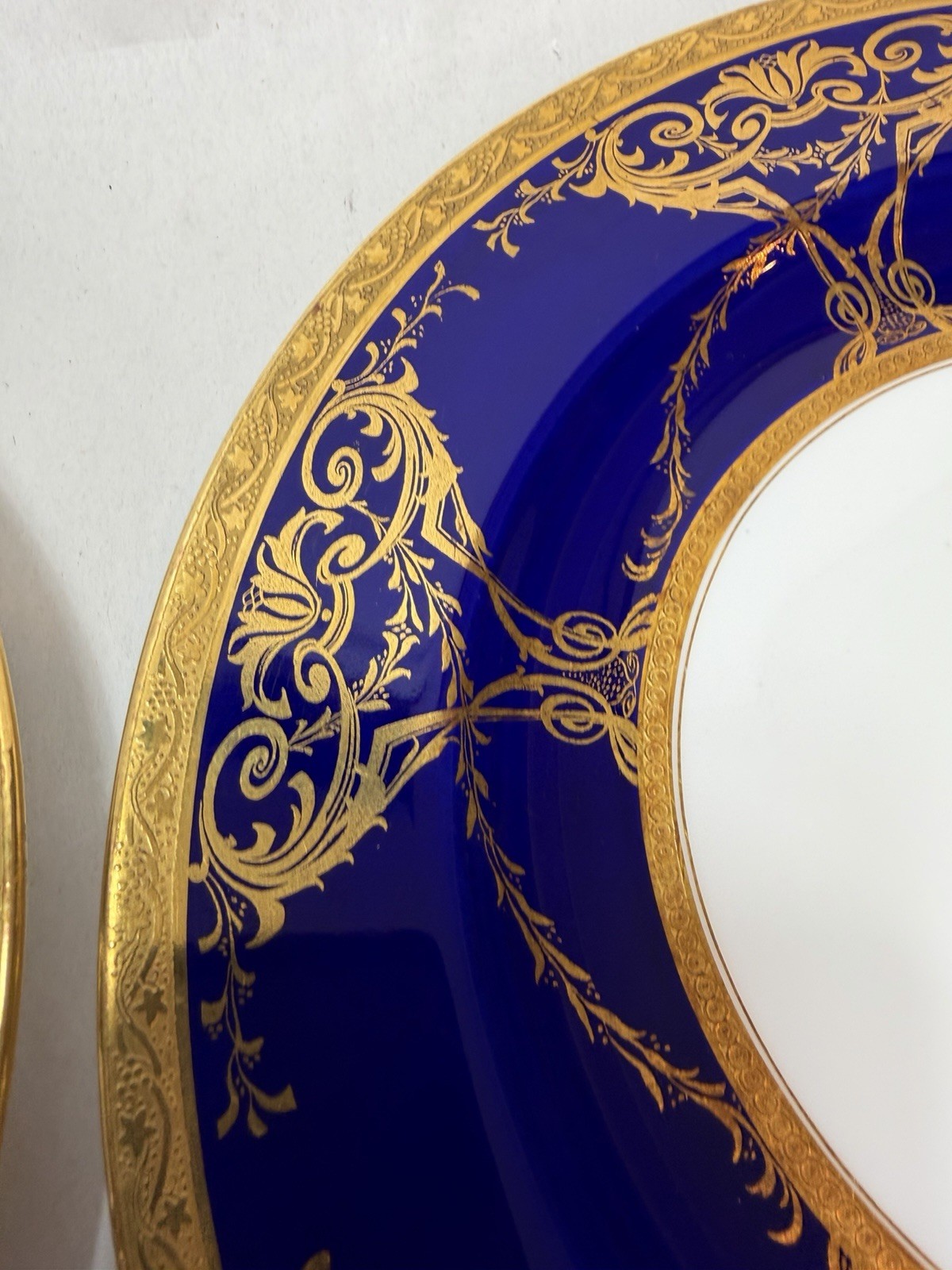 Antique Minton Porcelain 2 Dinner Plates w Raised Cobalt Blue Gold Rim 10 1/8 in